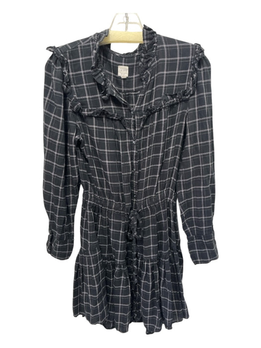 La Vie Size Medium Black & Lilac Cotton Blend Long Sleeve Plaid Drawstring Dress Black & Lilac / Medium