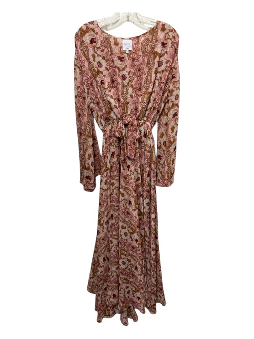 Misa Size S Pink, Red, Cream Polyester Maxi Flare Sleeve Floral Dress Pink, Red, Cream / S