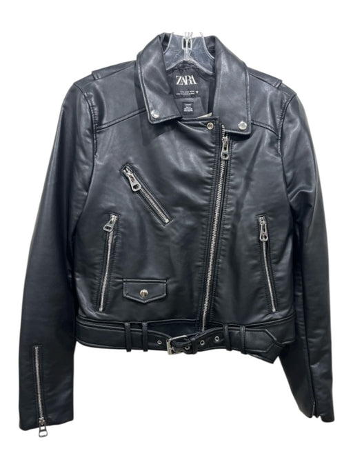 Zara Size M Black Recycled Polyester Faux Leather Zip Up Moto Jacket Black / M