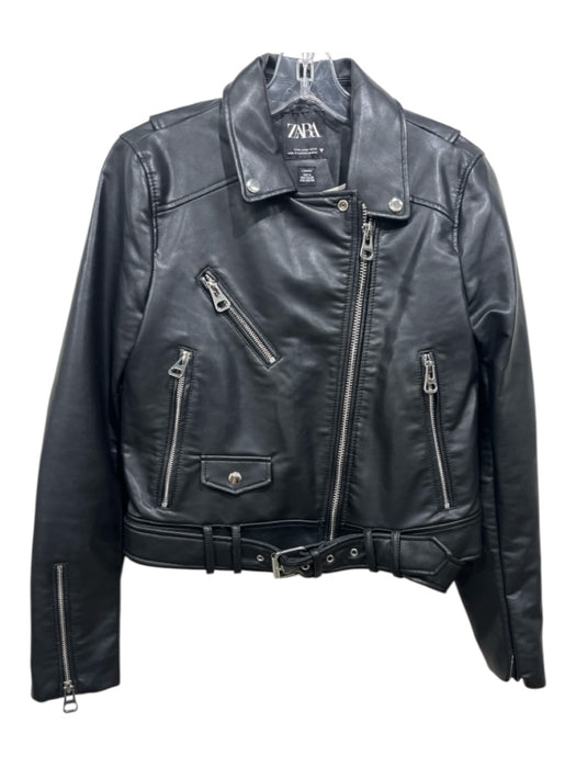 Zara Size M Black Recycled Polyester Faux Leather Zip Up Moto Jacket Black / M