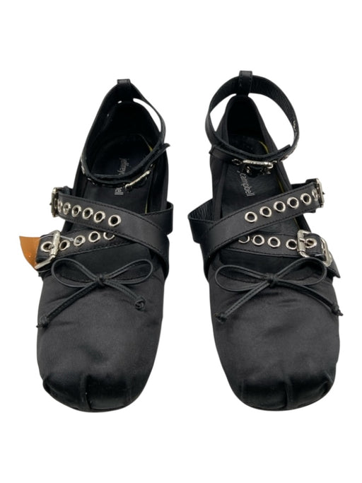 Jeffrey Campbell Shoe Size 9.5 Black Satin round toe Strappy Grommets Flats Black / 9.5