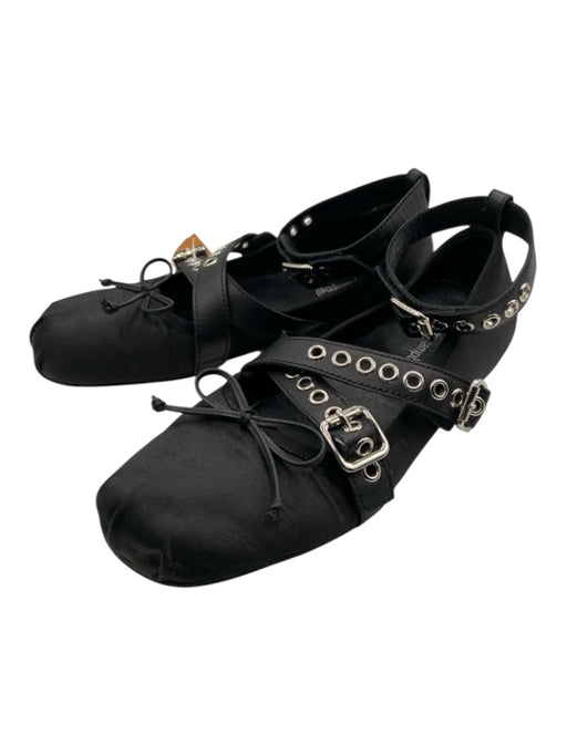Jeffrey Campbell Shoe Size 9.5 Black Satin round toe Strappy Grommets Flats Black / 9.5