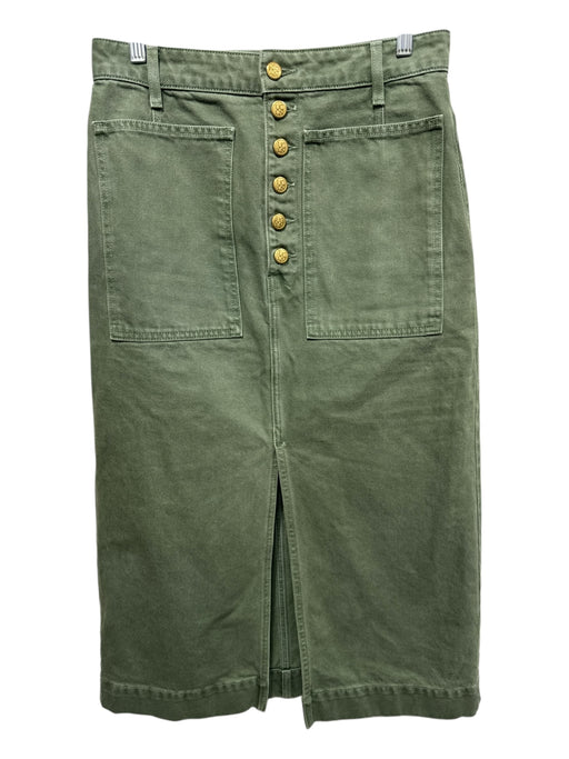 Ulla Johnson Size 8 Green Cotton Denim Button Front Patch Pocket Midi Skirt Green / 8