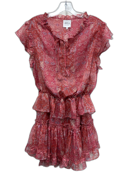 Misa Size S Pink, Red & Blue Polyester Sheer Paisley Floral Print Tiered Dress Pink, Red & Blue / S