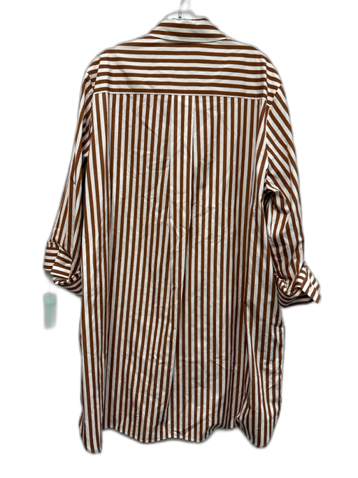 TWP Size L White & Brown Cotton Striped Long Cuff Sleeve Collar Dress White & Brown / L