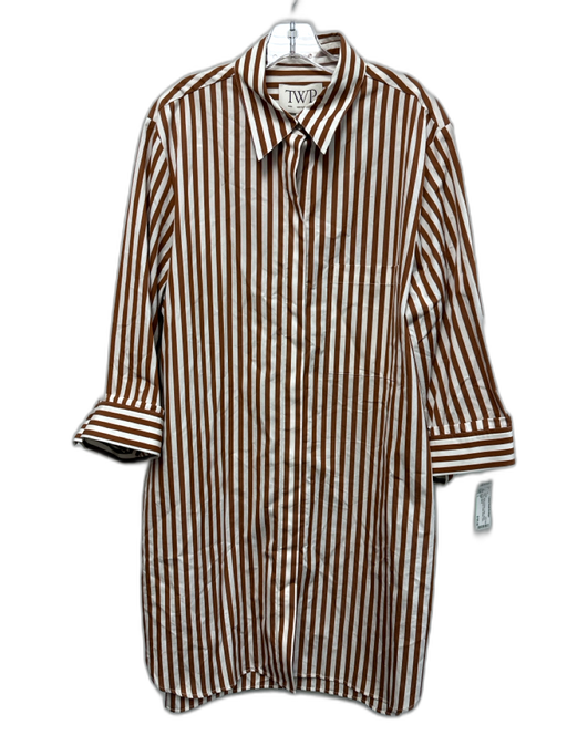 TWP Size L White & Brown Cotton Striped Long Cuff Sleeve Collar Dress White & Brown / L