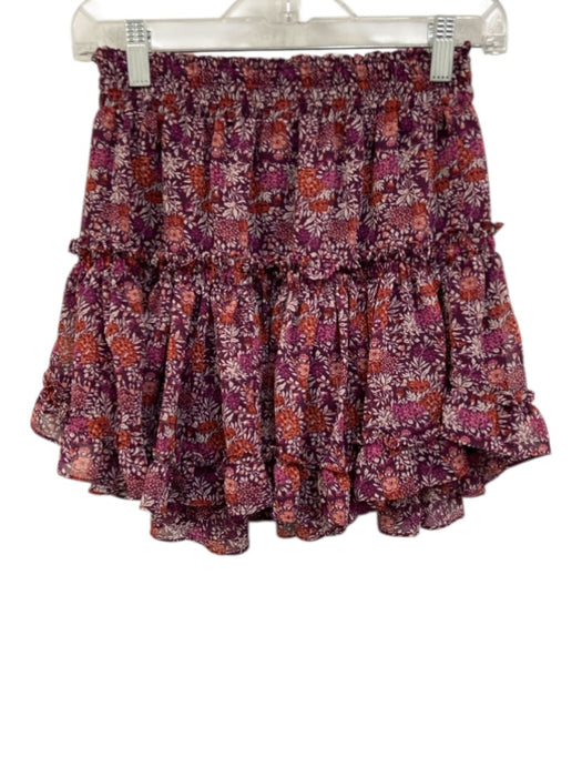 Misa Size XS Burgundy Red & White Viscose Elastic Waist Floral Ruffle Mini Skirt Burgundy Red & White / XS