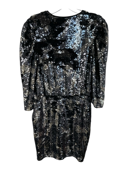 Tanya Taylor Size 6 Black & Silver Polyester Half Sleeve Sequins Surplice Dress Black & Silver / 6