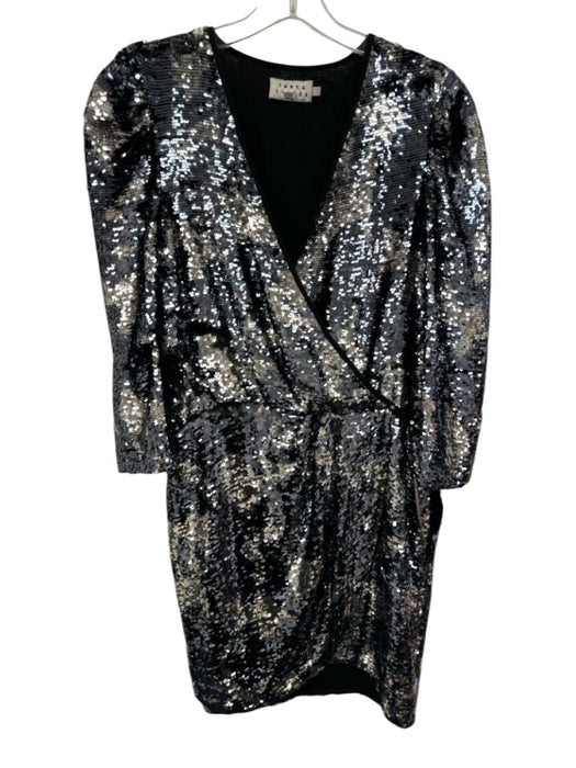 Tanya Taylor Size 6 Black & Silver Polyester Half Sleeve Sequins Surplice Dress Black & Silver / 6