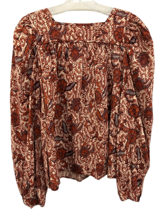 Ulla Johnson Size 6 Orange, Brown, White Cotton Blend Long puff sleeve Top Orange, Brown, White / 6