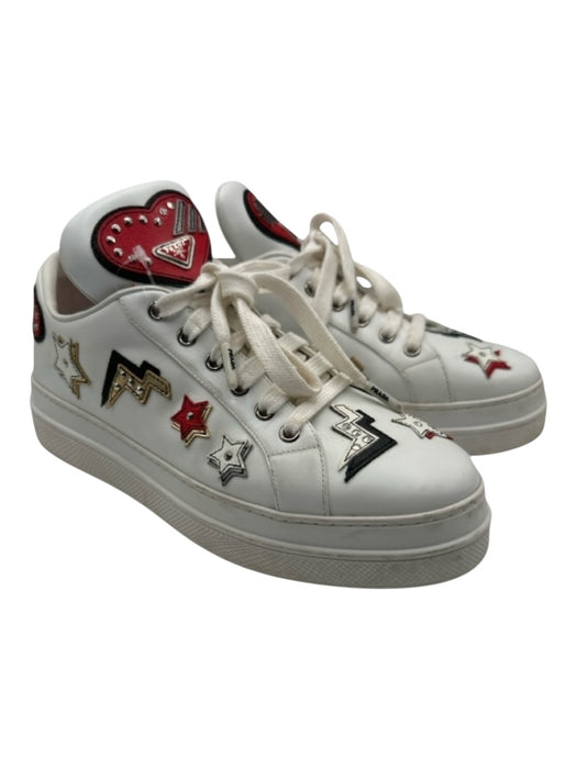 Prada Shoe Size 39.5 White & Multi Leather Graphic Stud Detail Platform Sneakers White & Multi / 39.5