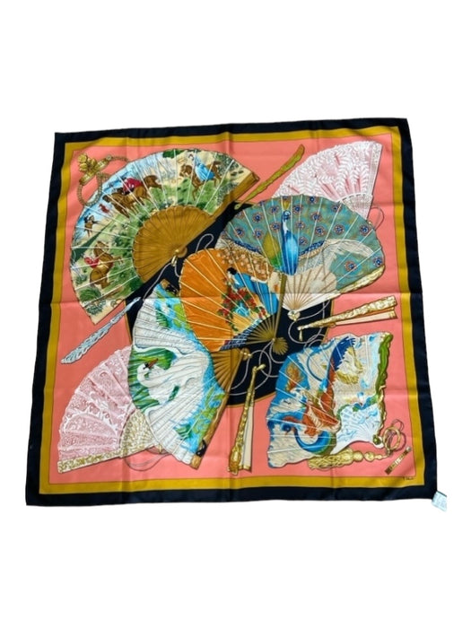 Hermes Pink, Black, & Multi Silk Swan Fans Gold Border Rolled Edges scarf Pink, Black, & Multi