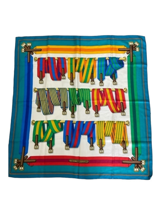 Hermes Blue, Teal, & Multi Silk Belt Print Red, Yellow, Green scarf Blue, Teal, & Multi