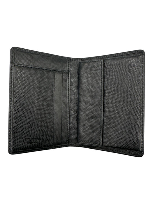 Prada Black Nylon & Leather Silver Logo Card Slots Fold Wallets Black