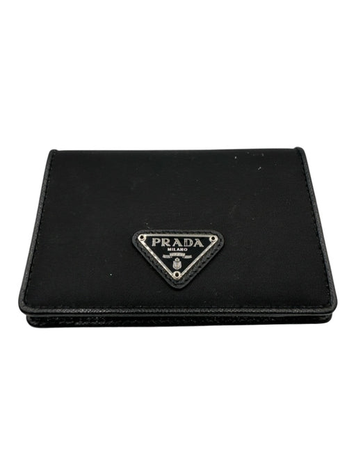 Prada Black Nylon & Leather Silver Logo Card Slots Fold Wallets Black
