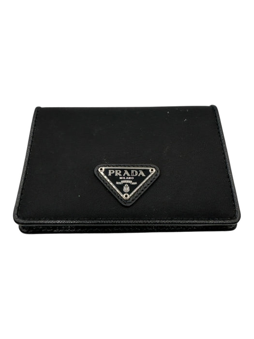Prada Black Nylon & Leather Silver Logo Card Slots Fold Wallets Black