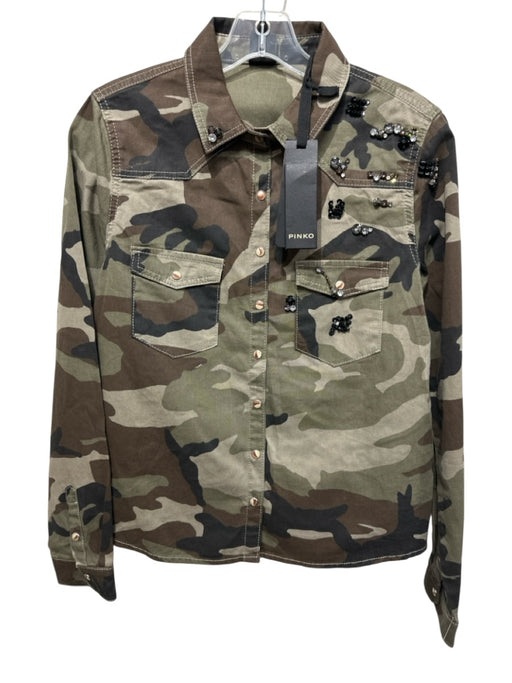 Pinko Size 8 Brown, Green & Black Cotton Camo Rhinestone Embellishment Shirt Brown, Green & Black / 8