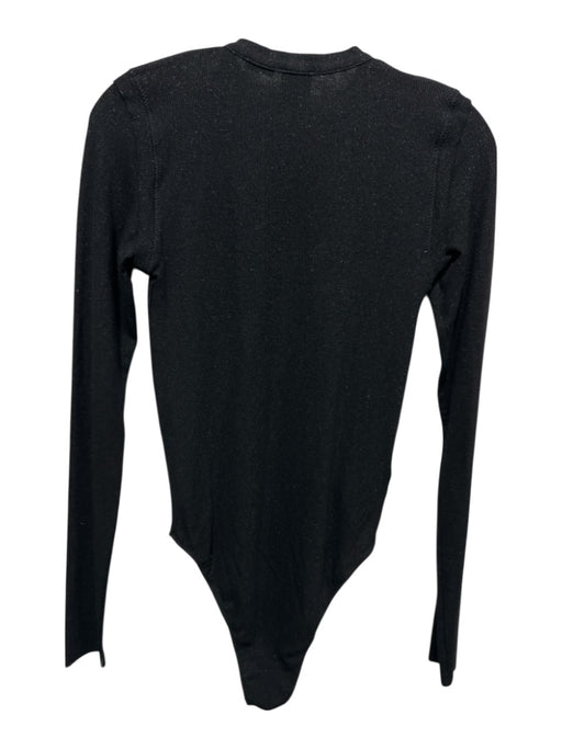 Pinko Size L Black Viscose Blend Metallic Thread Ribbed Quarter Button Bodysuit Black / L