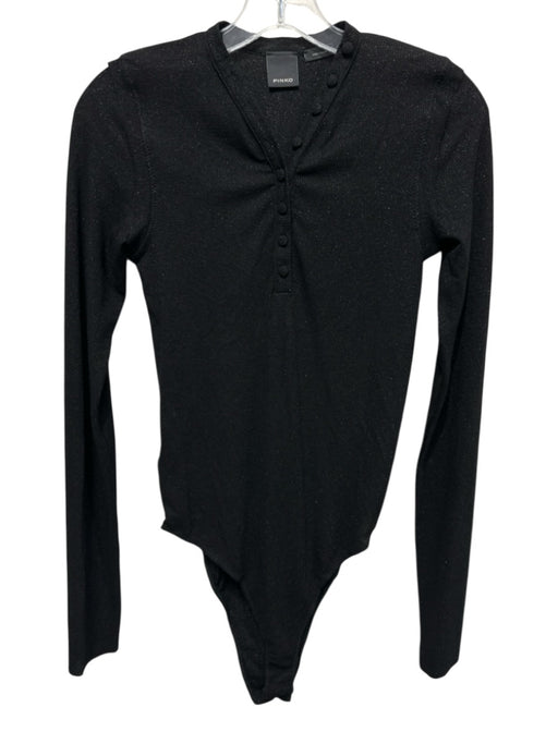 Pinko Size L Black Viscose Blend Metallic Thread Ribbed Quarter Button Bodysuit Black / L