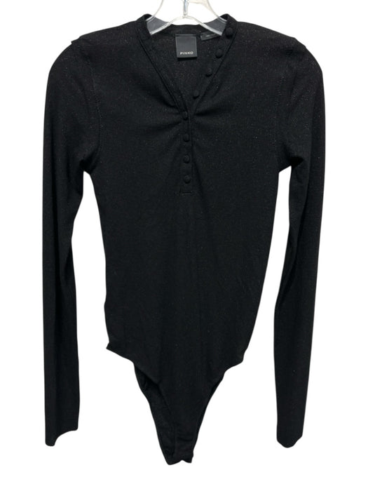 Pinko Size L Black Viscose Blend Metallic Thread Ribbed Quarter Button Bodysuit Black / L