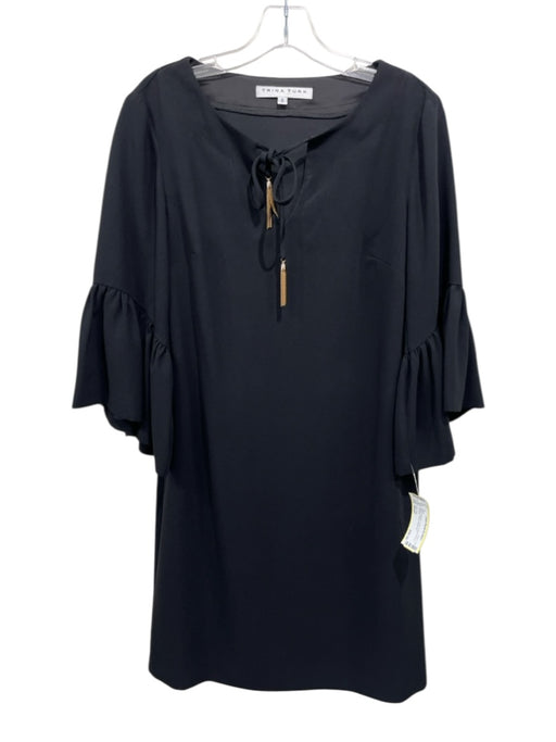 Trina Turk Size Small Black Polyester Long Trumpet Sleeve Tie Neck Tassel Dress Black / Small