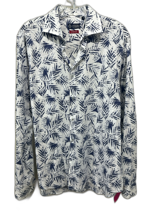 Luigi Fusaro Made in Italy Size 16 White & Blue Cotton Floral Long Sleeve Shirt White & Blue / 16