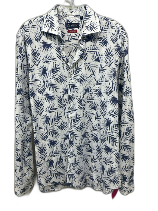 Luigi Fusaro Made in Italy Size 16 White & Blue Cotton Floral Long Sleeve Shirt White & Blue / 16