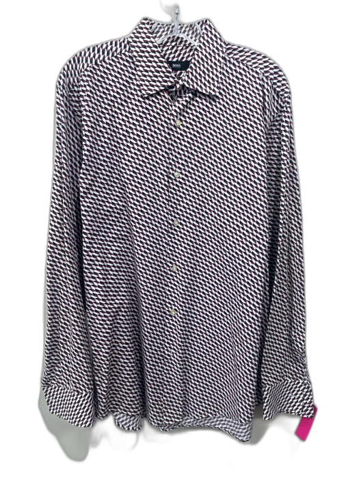 Boss Size 16 Red & White Cotton Blend Abstract Button Up Men's Long Sleeve Shirt Red & White / 16