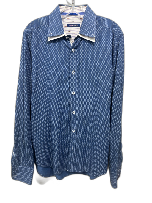 Nara Camicie Size L Blue Cotton Blend Dots Button Up Men's Long Sleeve Shirt Blue / L