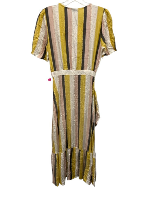 FRNCH Size S White, Yellow, Pink Viscose Short Sleeve Striped Surplice Dress White, Yellow, Pink / S