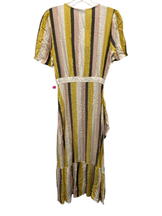 FRNCH Size S White, Yellow, Pink Viscose Short Sleeve Striped Surplice Dress White, Yellow, Pink / S