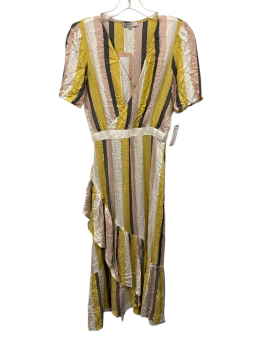 FRNCH Size S White, Yellow, Pink Viscose Short Sleeve Striped Surplice Dress White, Yellow, Pink / S