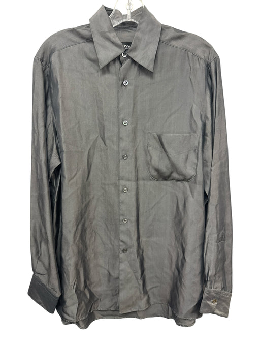 Boss Size S Gray Synthetic Shiny Button Up front pocket Men's Long Sleeve Shirt Gray / S