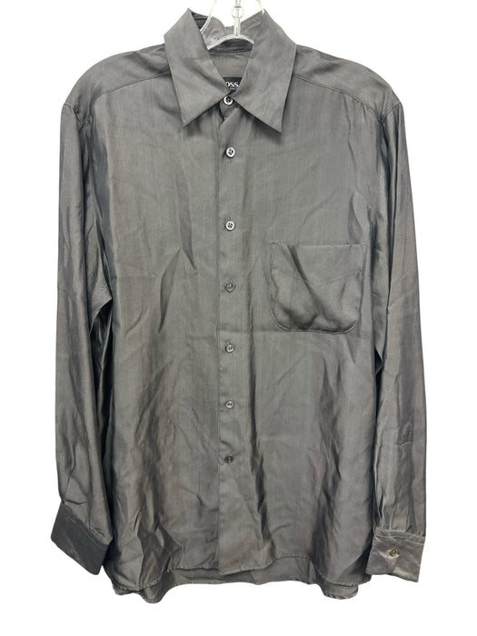 Boss Size S Gray Synthetic Shiny Button Up front pocket Men's Long Sleeve Shirt Gray / S