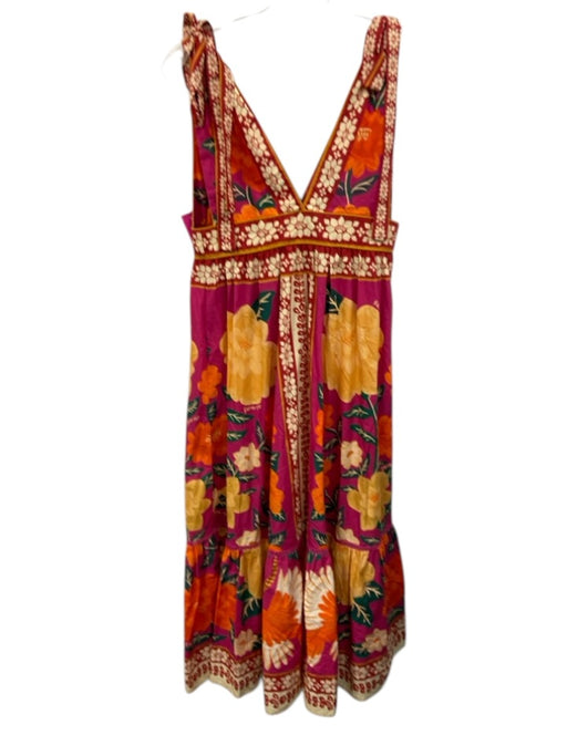 Farm Rio Size M Pink, Red & Orange Cotton Floral Tie Shoulder Button Front Dress Pink, Red & Orange / M