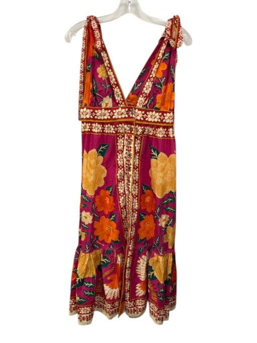 Farm Rio Size M Pink, Red & Orange Cotton Floral Tie Shoulder Button Front Dress Pink, Red & Orange / M