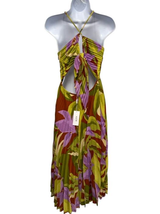 ASTR Size M Green, Purple & Orange Polyester Pleated Floral Cut Out Back Dress Green, Purple & Orange / M
