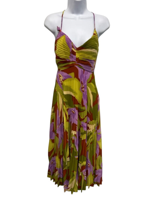 ASTR Size M Green, Purple & Orange Polyester Pleated Floral Cut Out Back Dress Green, Purple & Orange / M