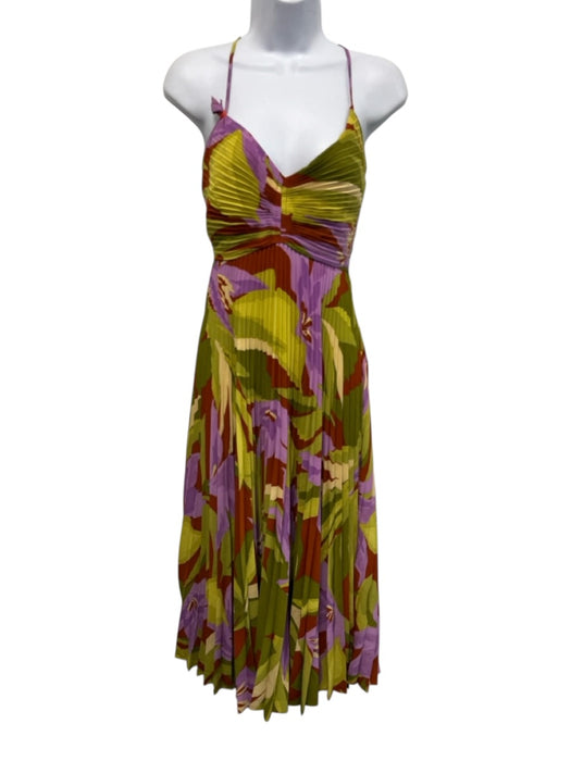 ASTR Size M Green, Purple & Orange Polyester Pleated Floral Cut Out Back Dress Green, Purple & Orange / M
