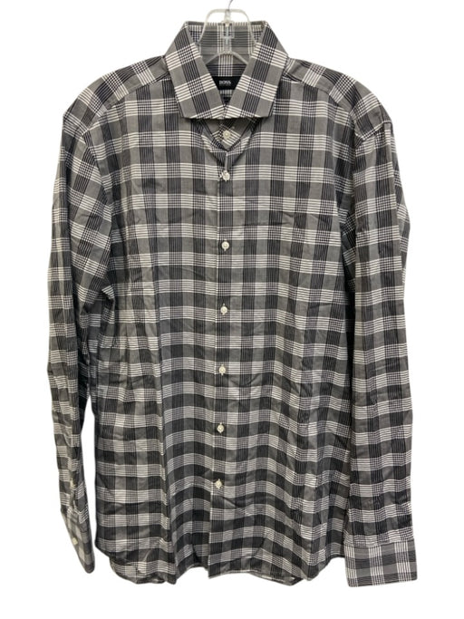 Hugo Boss Size 15.5 Gray & Black Cotton Blend Plaid Button Down Shirt Gray & Black / 15.5