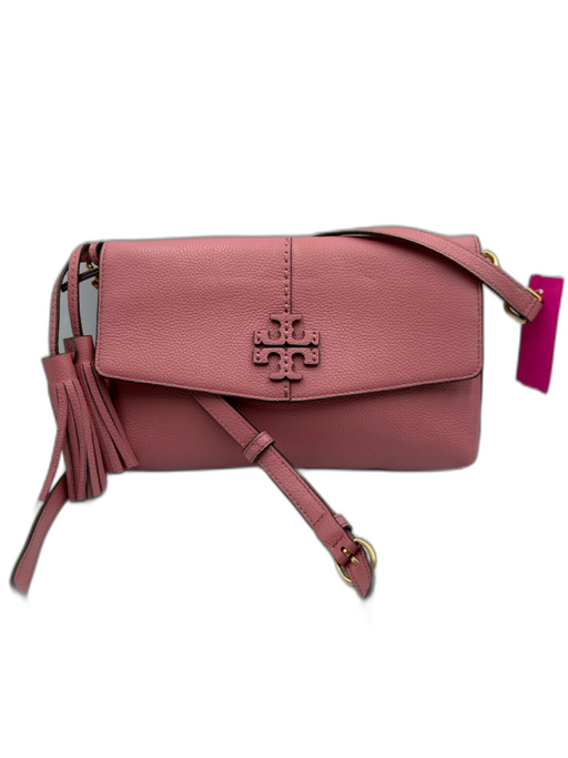 Tory Burch Pink Pebbled Leather Magnetic  Flap Zip Close Crossbody Tassel Bag Pink / S