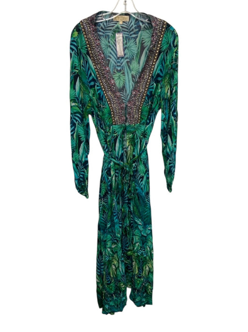 True Colours Size L/XL Blue & Green Viscose Silk Blend V Neck Dress Blue & Green / L/XL