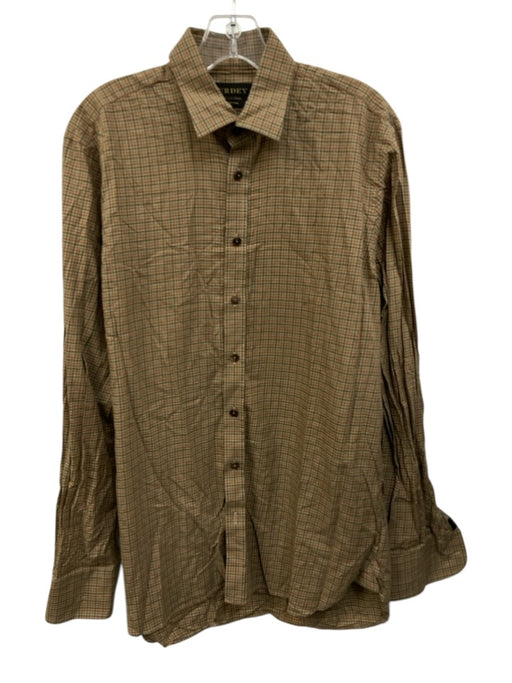 Purdey Size 15.5 Tan & Green Print Cotton Plaid Button Up Long Sleeve Shirt Tan & Green Print / 15.5