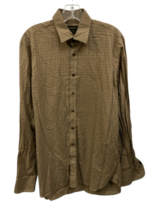 Purdey Size 15.5 Tan & Green Print Cotton Plaid Button Up Long Sleeve Shirt Tan & Green Print / 15.5