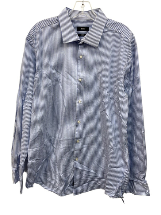 Boss Size 17.5 Blue & White Cotton Striped Button Up Men's Long Sleeve Shirt Blue & White / 17.5