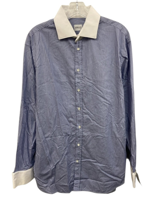 Armani Size 16.5 Blue Cotton Striped Button Up Bankers Collar Long Sleeve Shirt Blue / 16.5