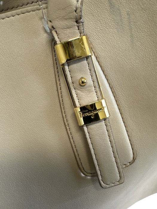 Salvatore Ferragamo Beige Leather Zip Top Side Pockets Top Handle Satchel Bag Beige