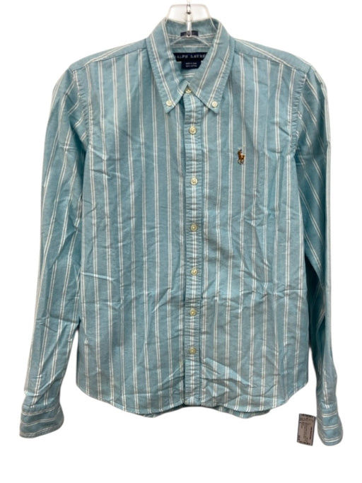 Ralph Lauren Size 4 Aqua Blue & White Cotton Striped Long Sleeve Button Up Top Aqua Blue & White / 4
