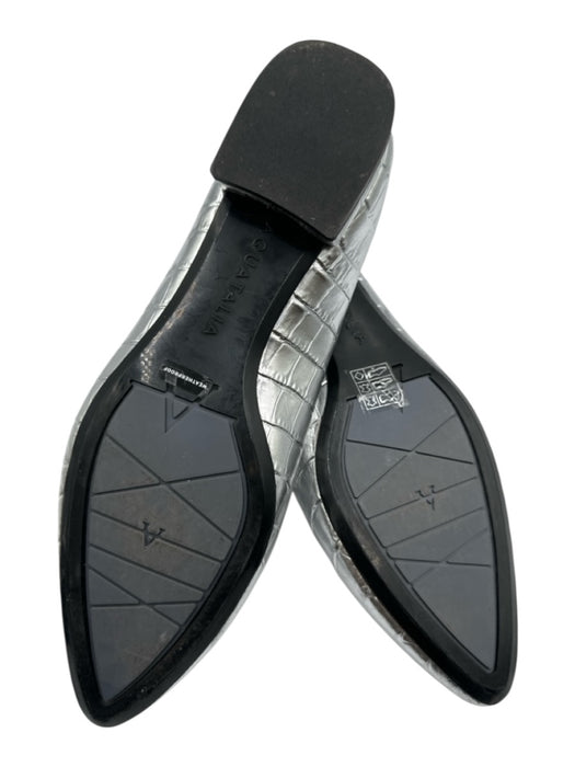 Aquatalia Shoe Size 9 Silver Pointed Toe Croc Embossed Block Heel metallic Flats Silver / 9
