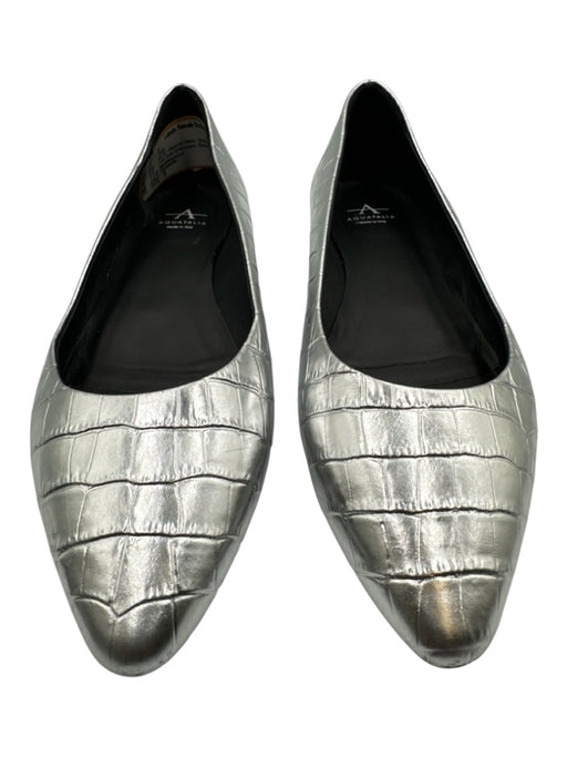 Aquatalia Shoe Size 9 Silver Pointed Toe Croc Embossed Block Heel metallic Flats Silver / 9